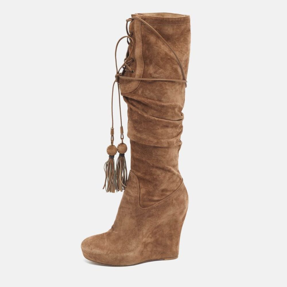 Le Silla Size 38 Brown Suede Wedge Knee Length Boots